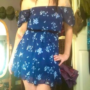 Sheer lined blue floral off shoulder short summer dress top
